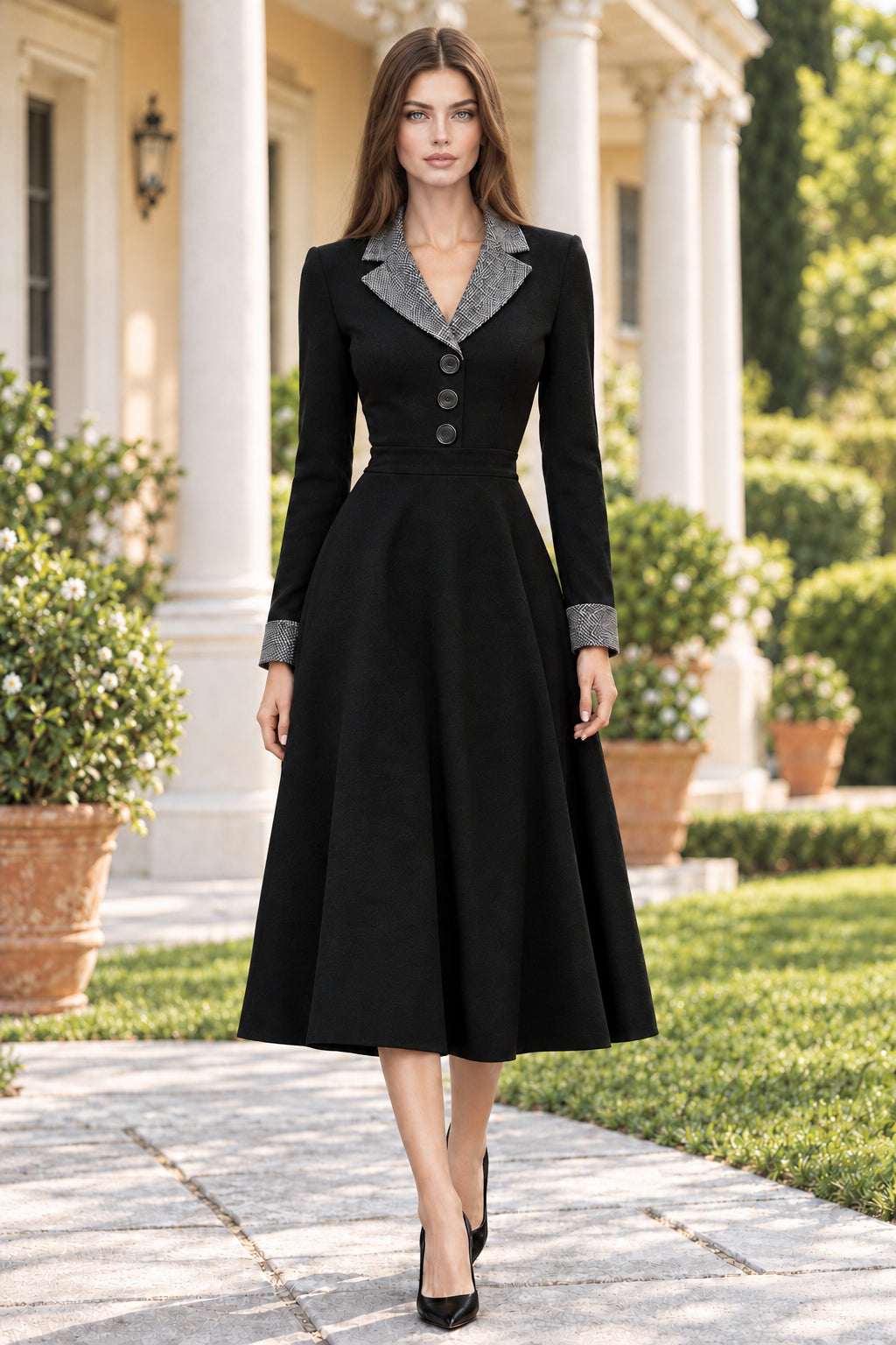 A-Line Midi Dress with Contrast Lapel Collar