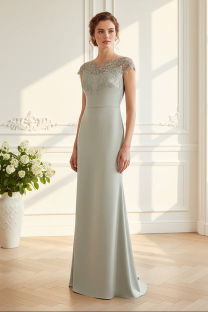 Illusion Neck Embroidered Cap Sleeve Satin Gown