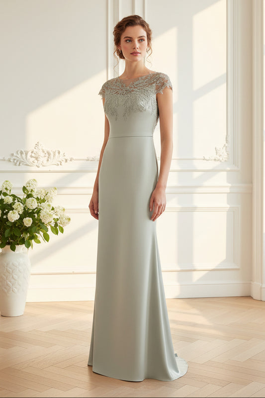 Illusion Neck Embroidered Cap Sleeve Satin Gown