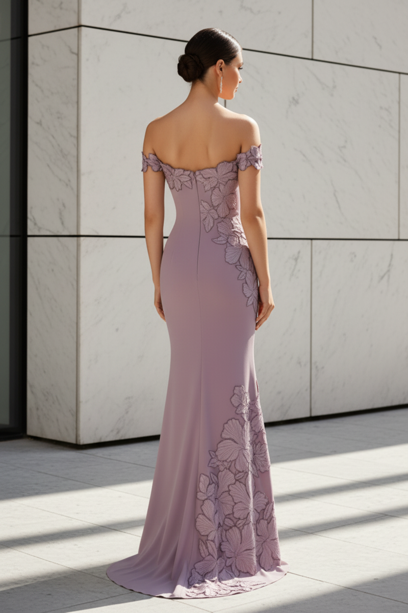 Off-Shoulder Floral Applique Mermaid Gown