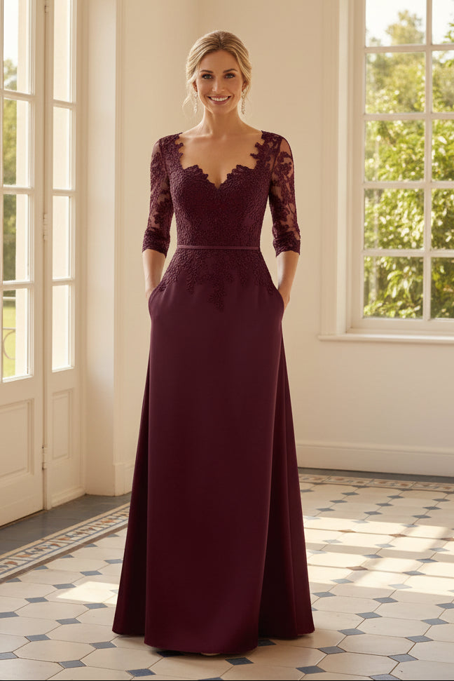Lace 3/4 Sleeve A-Line Satin Formal Gown with Pockets