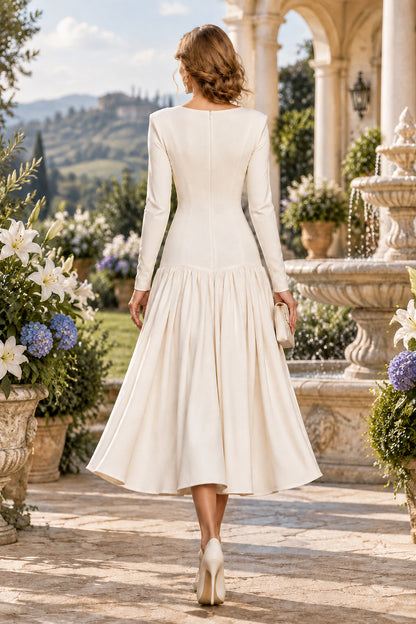 Square Neck Drop-Waist Midi Dress with Long Sleeves