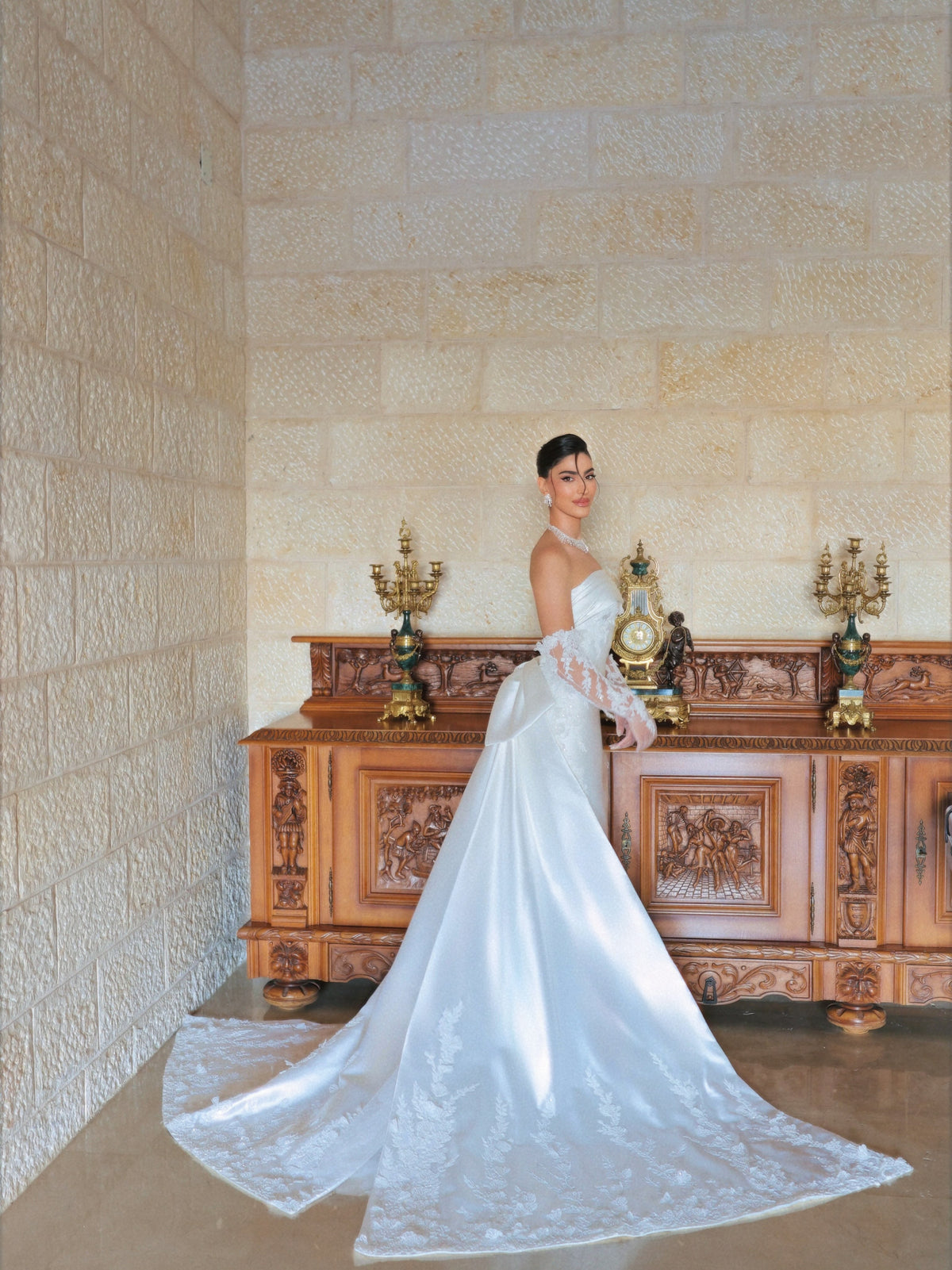 Strapless Satin Wedding Dress with Lace Train