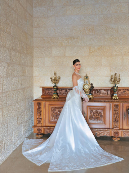Strapless Satin Wedding Dress with Lace Train
