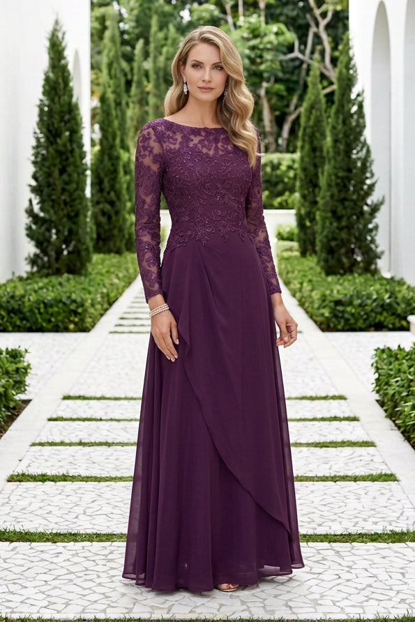 Sequined Lace Bodice Evening Gown with Cascading Drape
