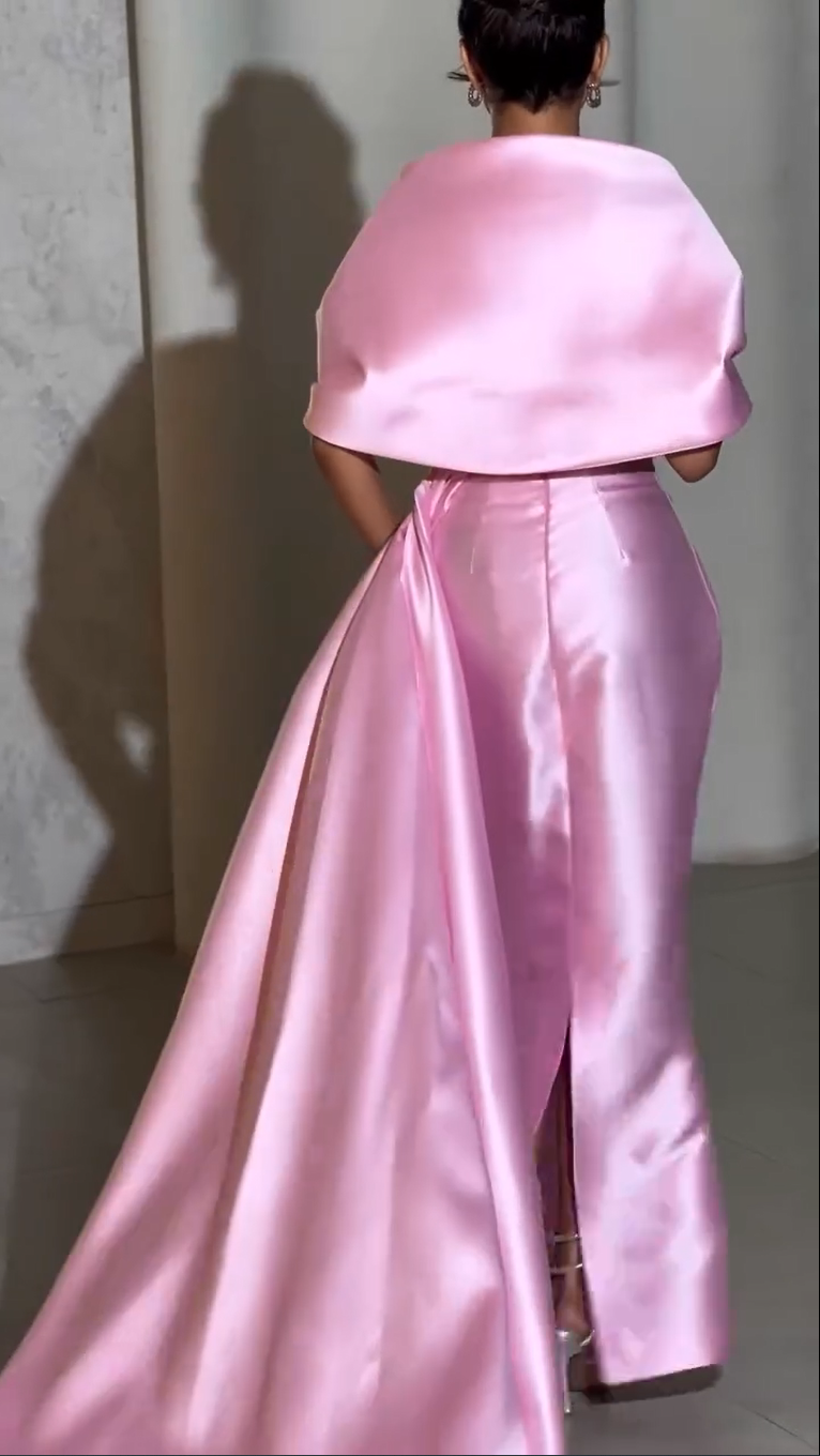Beaded Bodice Satin Gown with Shawl & Side Drape