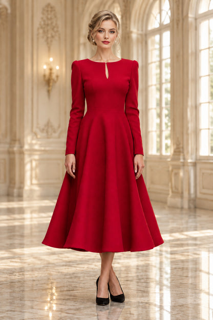 Long Sleeve Keyhole A-Line Midi Dress