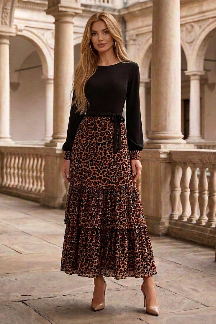 Tiered Maxi Dress with Leopard Print Skirt