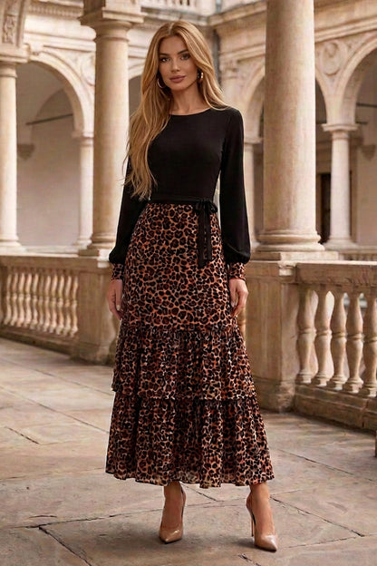Tiered Maxi Dress with Leopard Print Skirt
