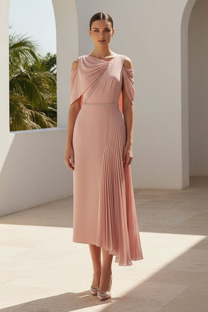 Pleated Midi Dress with Beaded Belt & Fascinator Hat