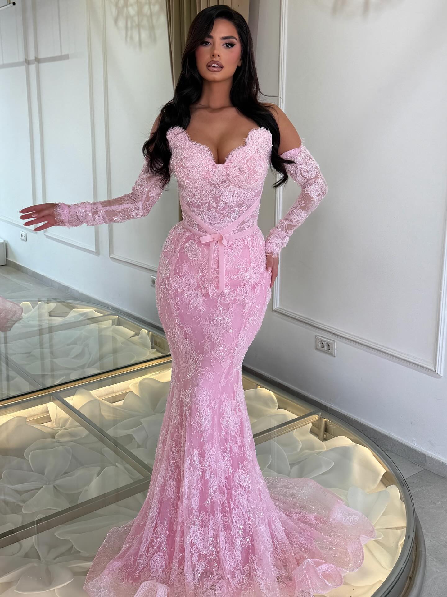 Off-the-Shoulder Lace Mermaid Gown with Corset Back