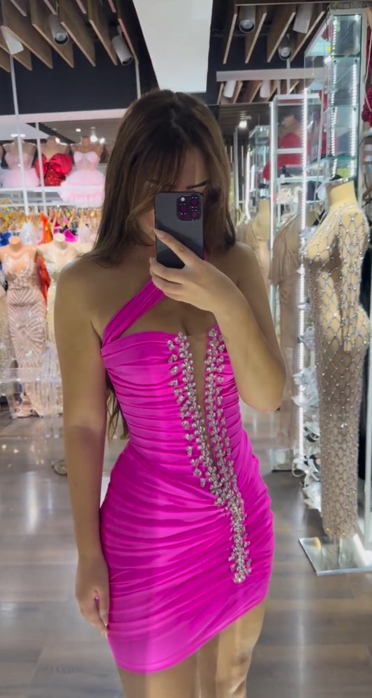 One-Shoulder Ruched Mini Dress with Crystal Trim
