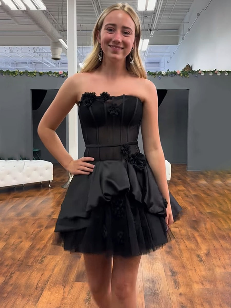Strapless Corset Mini Dress with 3D Flowers
