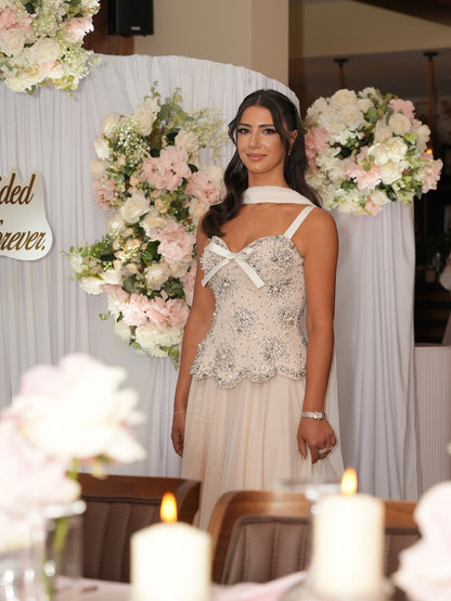 Beaded Peplum Bodice Gown with Scarf