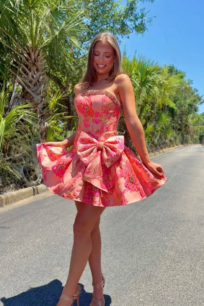Strapless Floral Jacquard Mini Dress with Bow