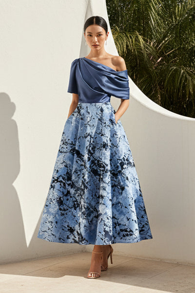 One-Shoulder A-Line Midi Dress with Pockets