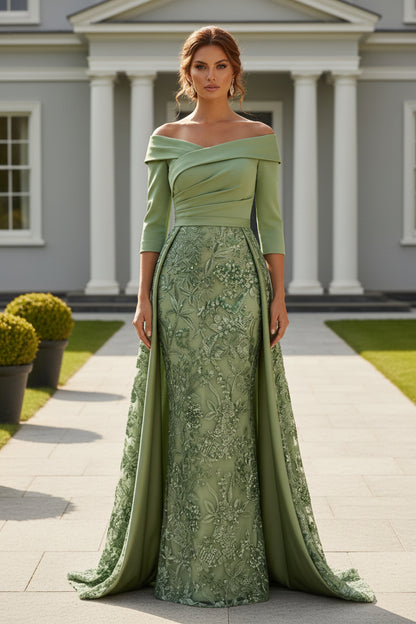 Off-the-Shoulder Embroidered Gown with Overskirt