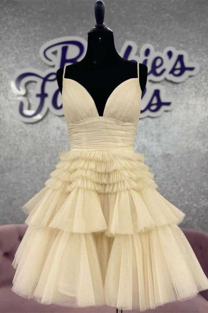 Pleated V-Neck Tiered Tulle Short Homecoming Dress
