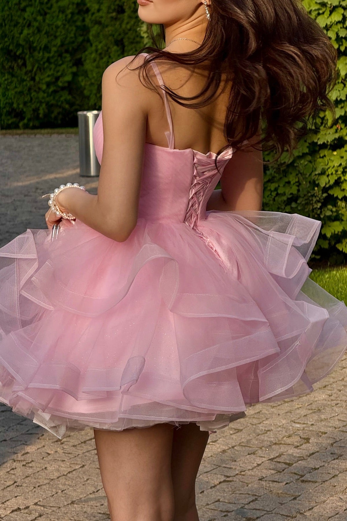 Tiered Ruffle Tulle Mini Dress with Lace-Up Back