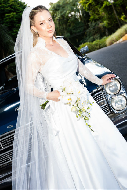 Long Sleeve Lace and Satin A-Line Bridal Gown