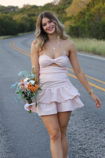 Strapless Ruched Cut-Out Mini Dress with Ruffled Skirt