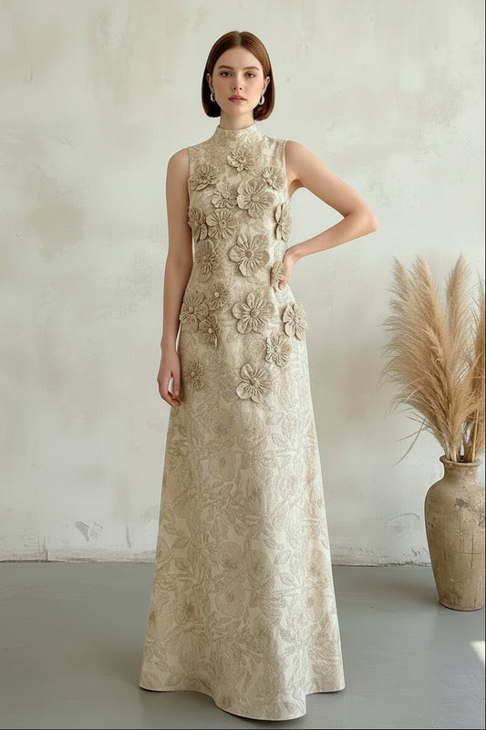 High Neck Jacquard Maxi Dress with 3D Flowers