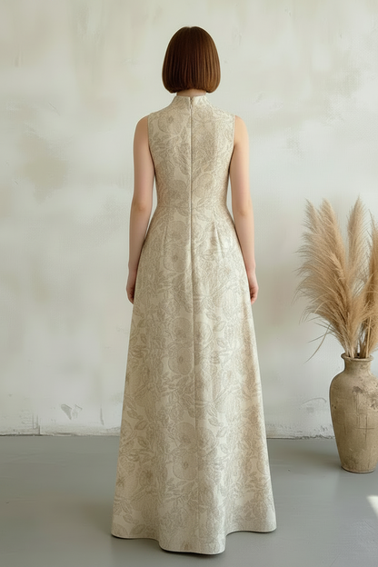 High Neck Jacquard Maxi Dress with 3D Flowers