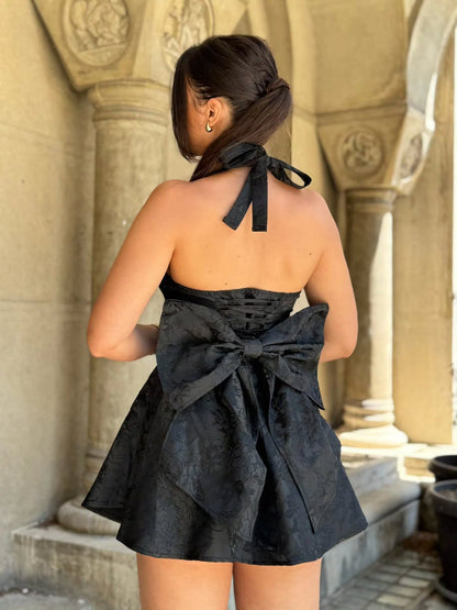 Floral Jacquard Halter Mini Dress with Back Bow
