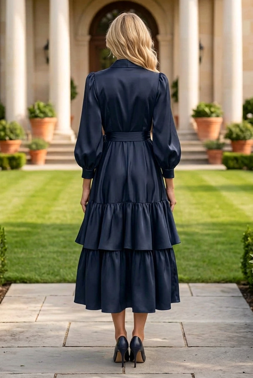 Tiered Wrap Midi Dress with Balloon Sleeves