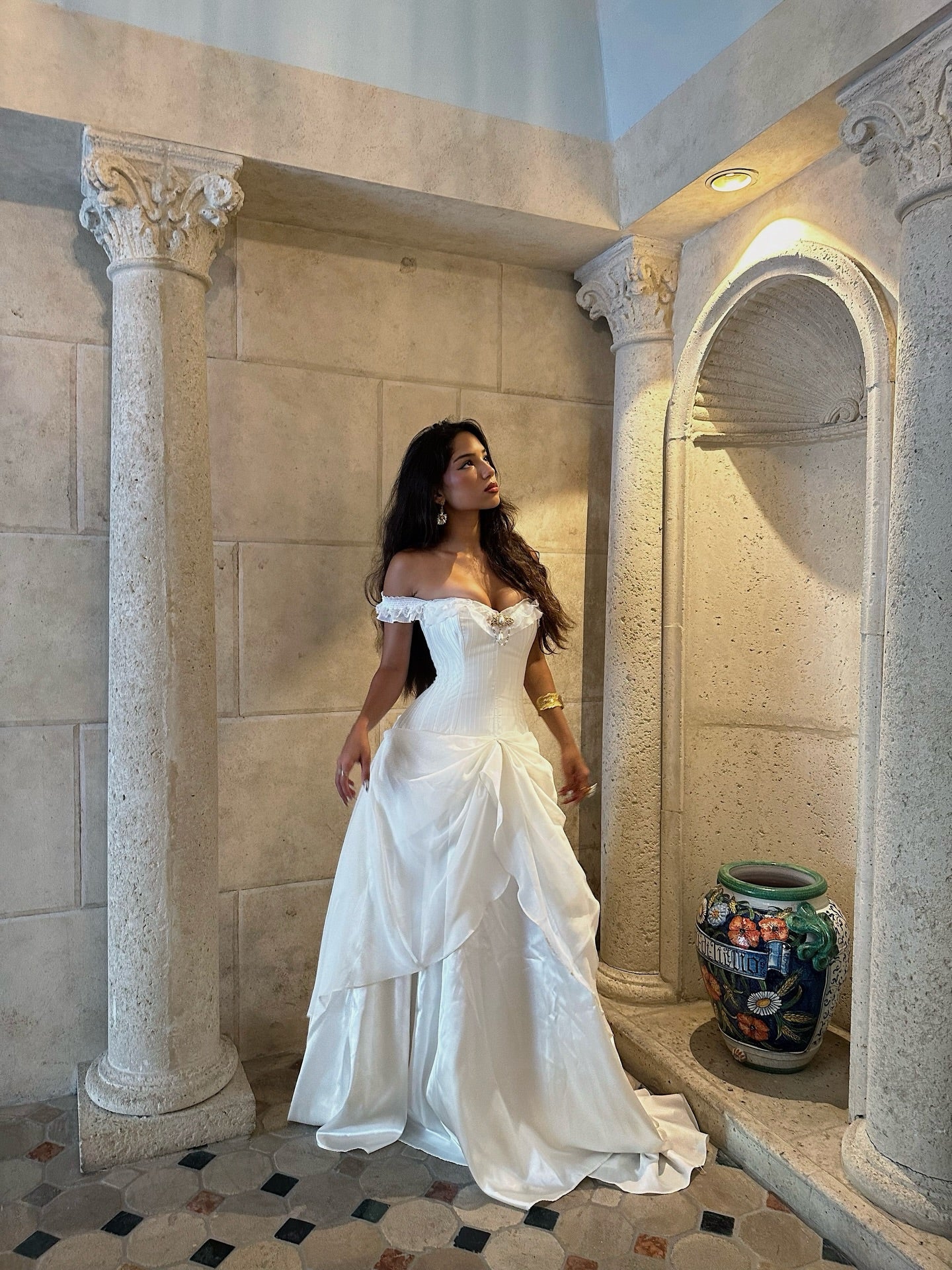 Off-the-Shoulder Corset Wedding Dress with Pick-Up Skirt