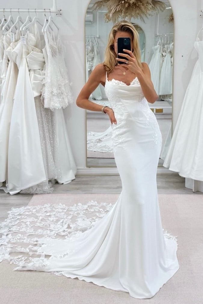 Cowl Neck Mermaid Wedding Dress with Lace Train