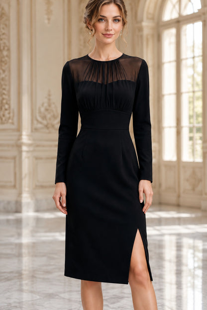 Long Sleeve Sheath Midi Dress with Illusion Neck