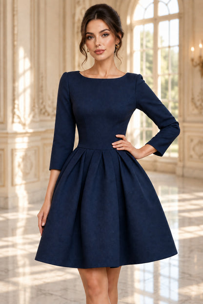 Bateau Neck Long Sleeve Pleated A-Line Dress