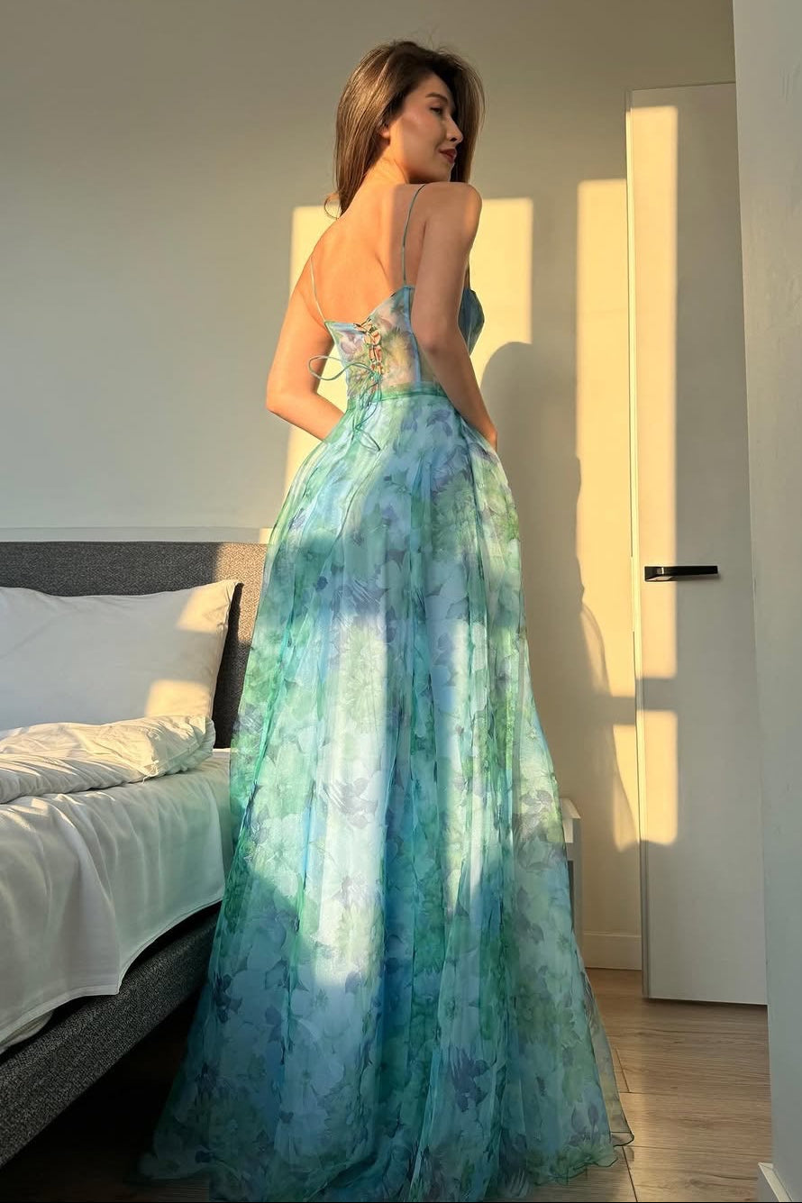 Floral Print Corset Evening Gown