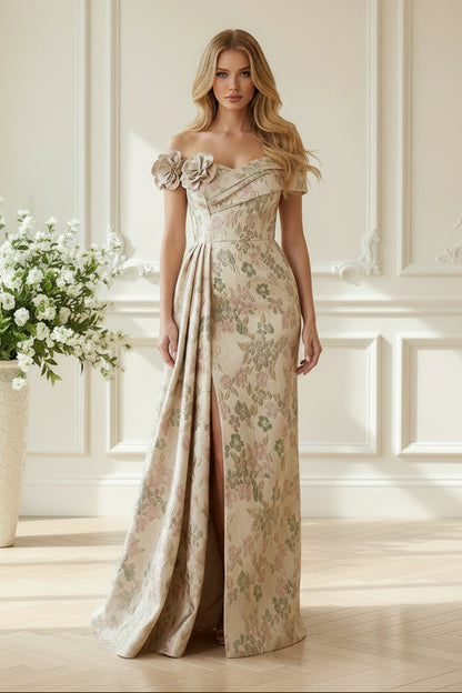 Off-Shoulder Floral Jacquard A-Line Gown