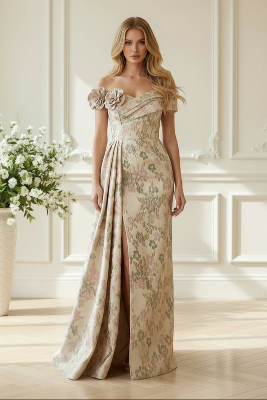 Off-Shoulder Floral Jacquard A-Line Gown