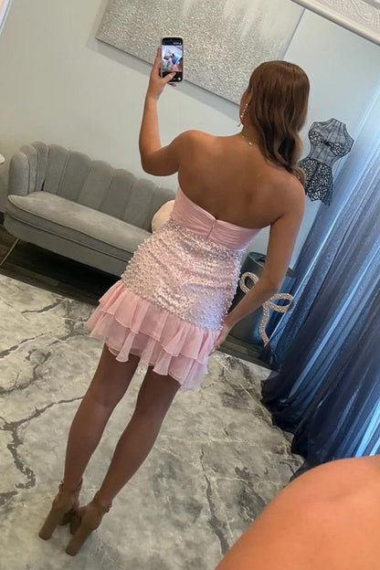 Strapless Pearl Embellished Bow Waist Tiered Mini Dress