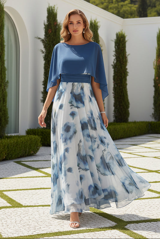 Cape Sleeve Floral Print Chiffon Maxi Dress