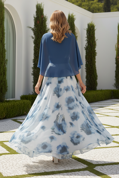 Cape Sleeve Floral Print Chiffon Maxi Dress