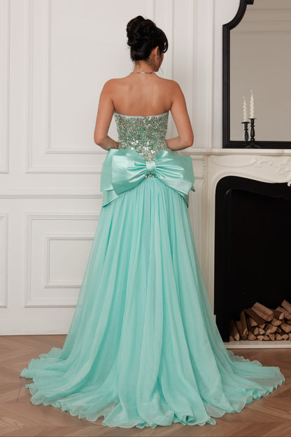 Strapless Beaded Bodice Gown with Statement Bow