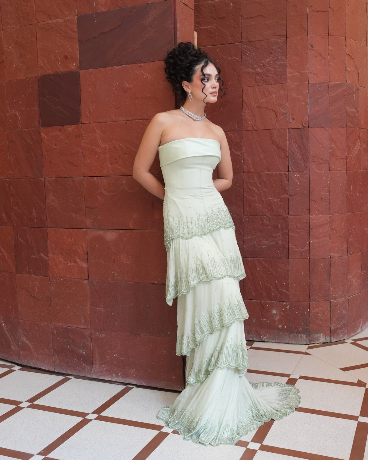 Strapless Tiered Beaded Evening Gown