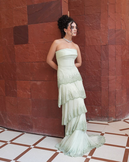 Strapless Tiered Beaded Evening Gown