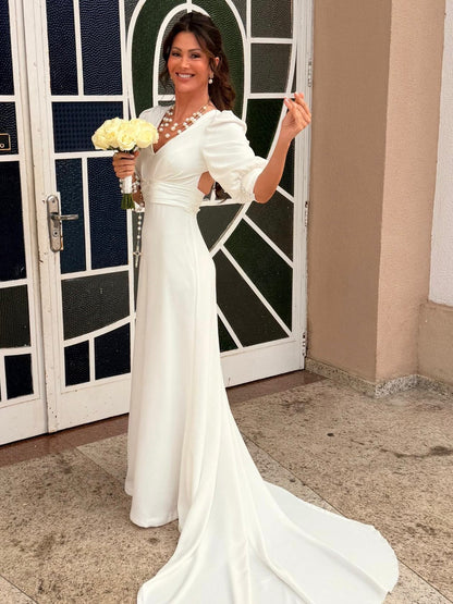 V-Neck Crepe Wedding Dress with Open Back