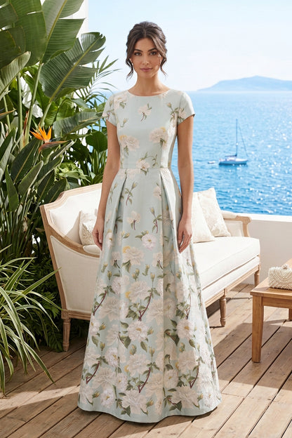 Floral Jacquard A-Line Gown with Cap Sleeves