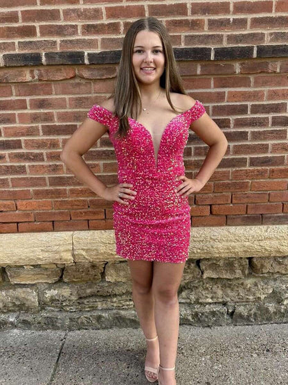 Off-the-Shoulder Sequin Mini Dress with Lace-Up Back