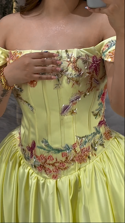Floral Beaded Corset Off-Shoulder Ball Gown
