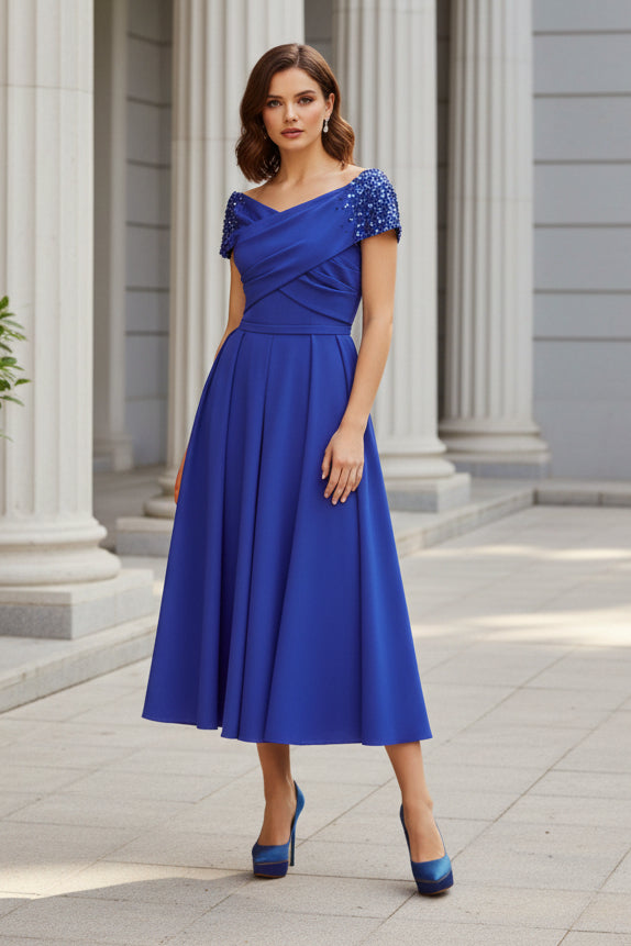 Beaded Off-the-Shoulder A-Line Midi Dress
