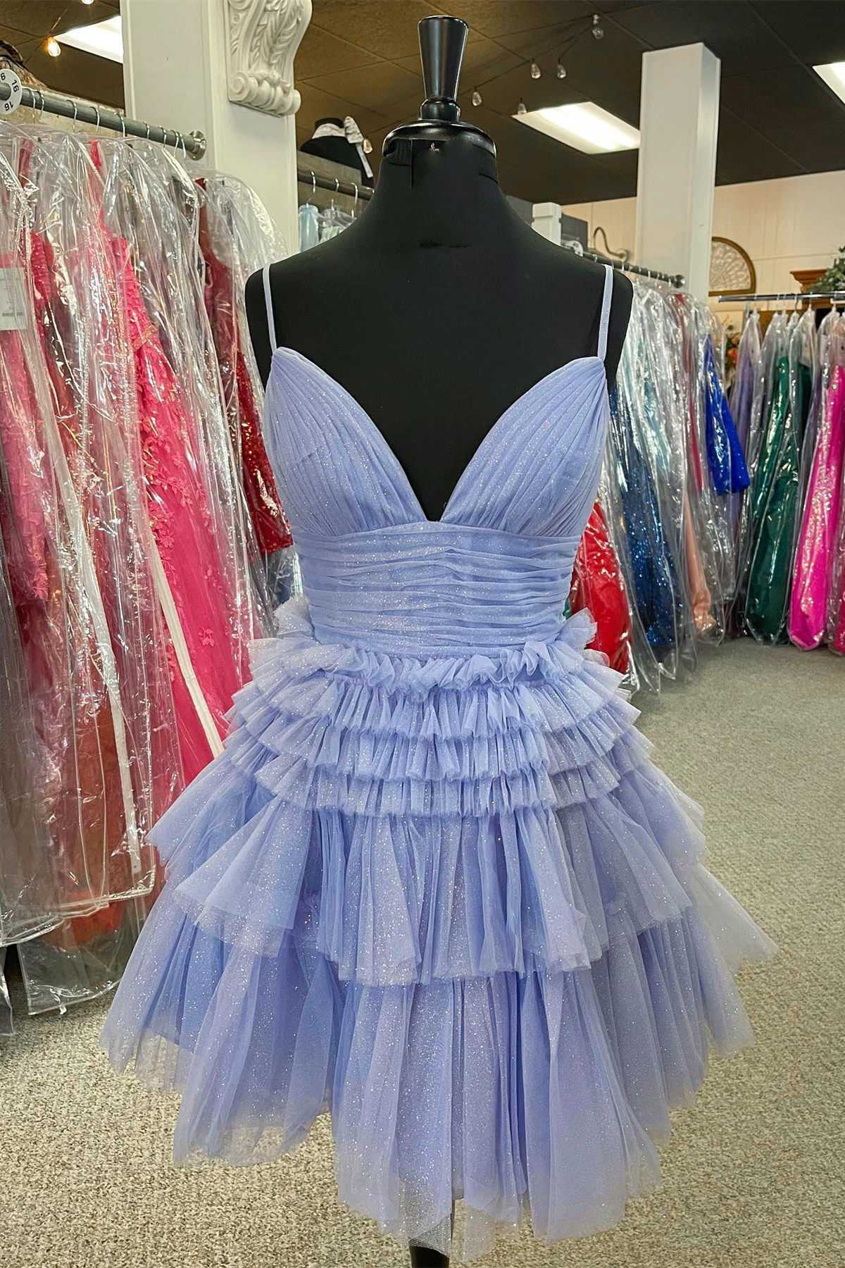 Pleated V-Neck Tiered Tulle Short Homecoming Dress
