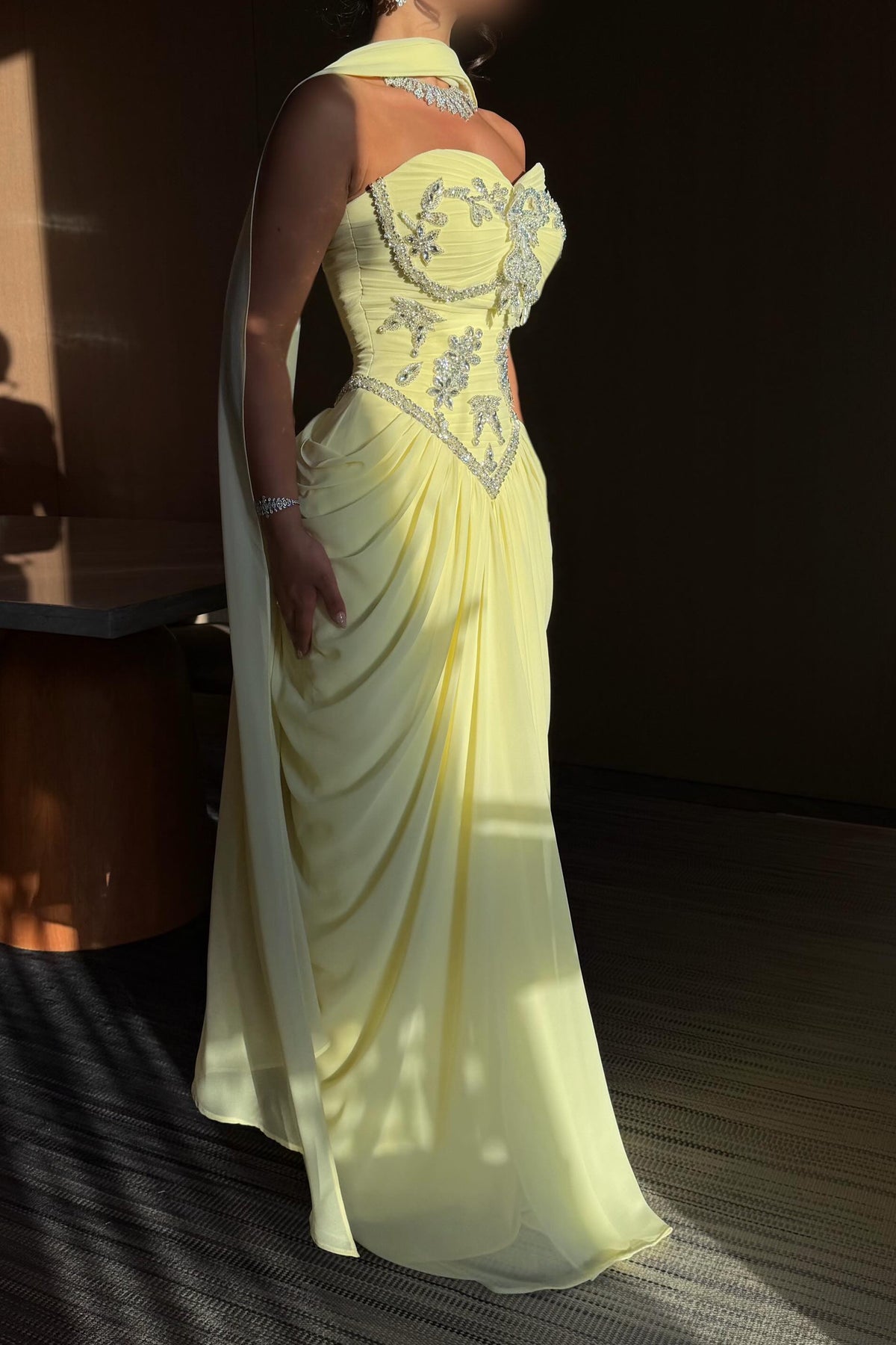 Embellished Corset Drape Evening Gown with Scarf