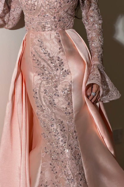 Sequined Off-Shoulder Gown with Satin Overskirt